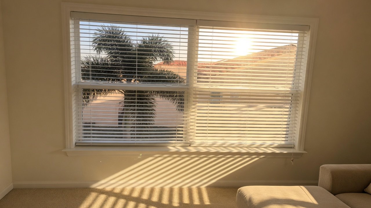 Standard window blinds closed against intense Florida afternoon sun, light stripes on the floor