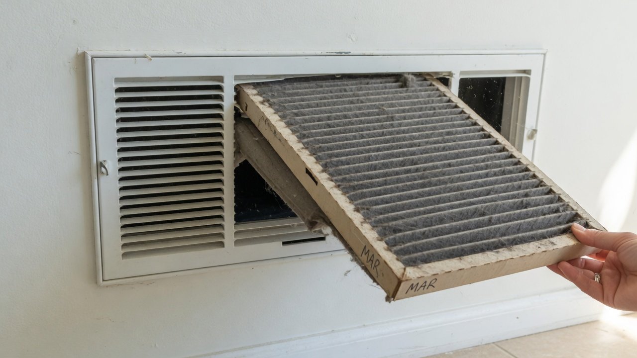 Dirty AC filter being pulled from a standard wall return grille
