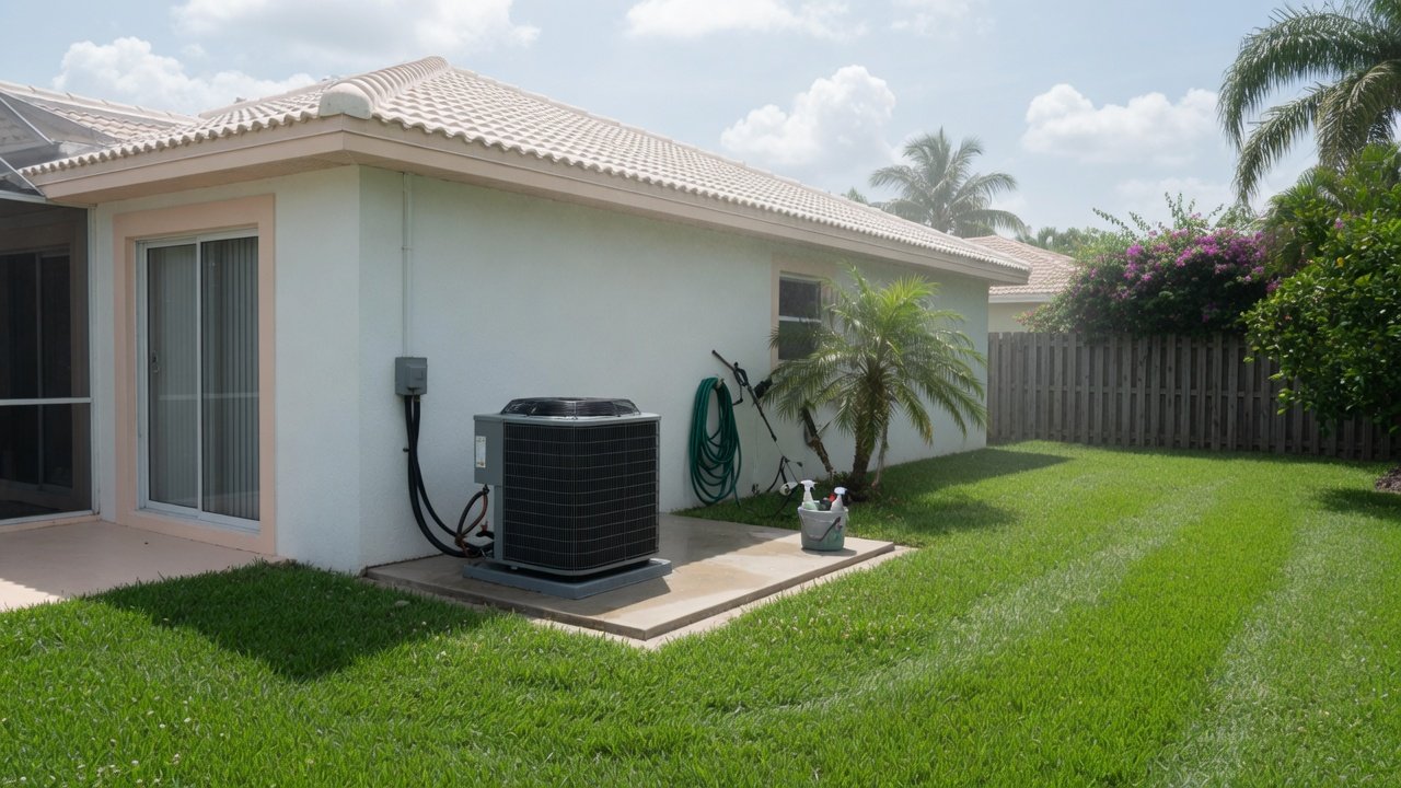 Outdoor AC condenser at a Florida home ready for routine seasonal care