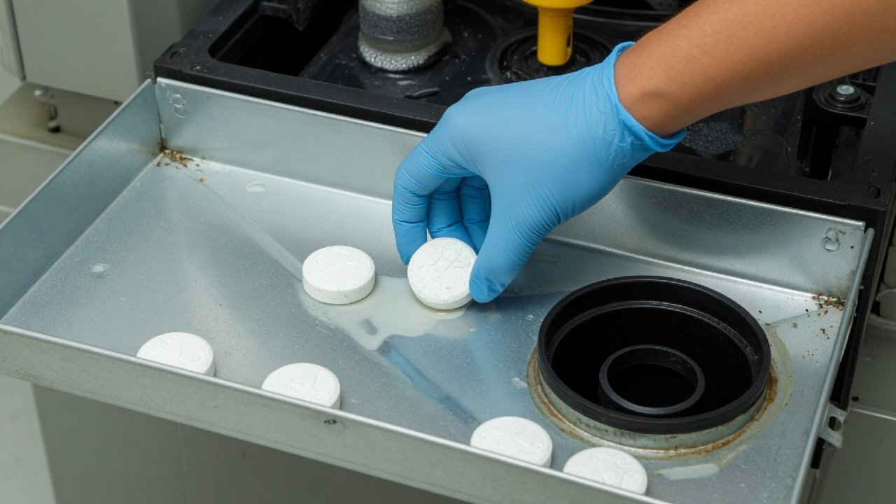 Gloved hand placing condensate pan tablets into a drain pan