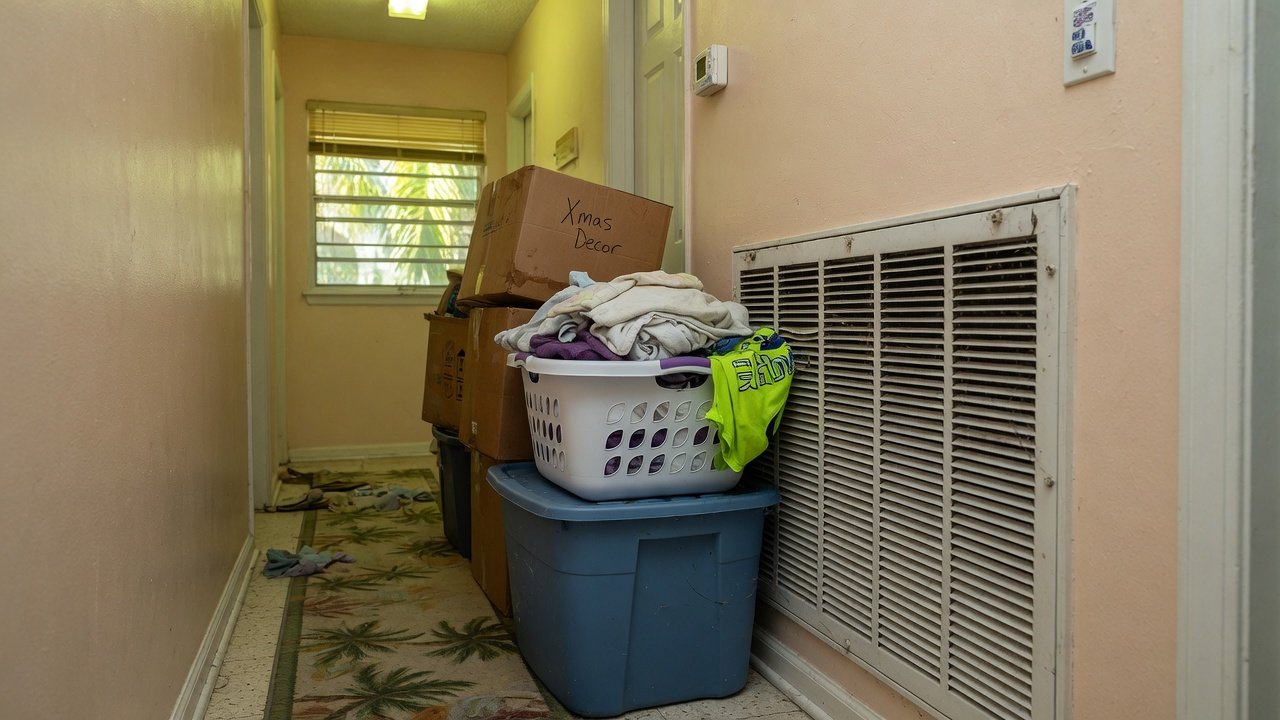Storage boxes and laundry basket blocking a hallway return air grille