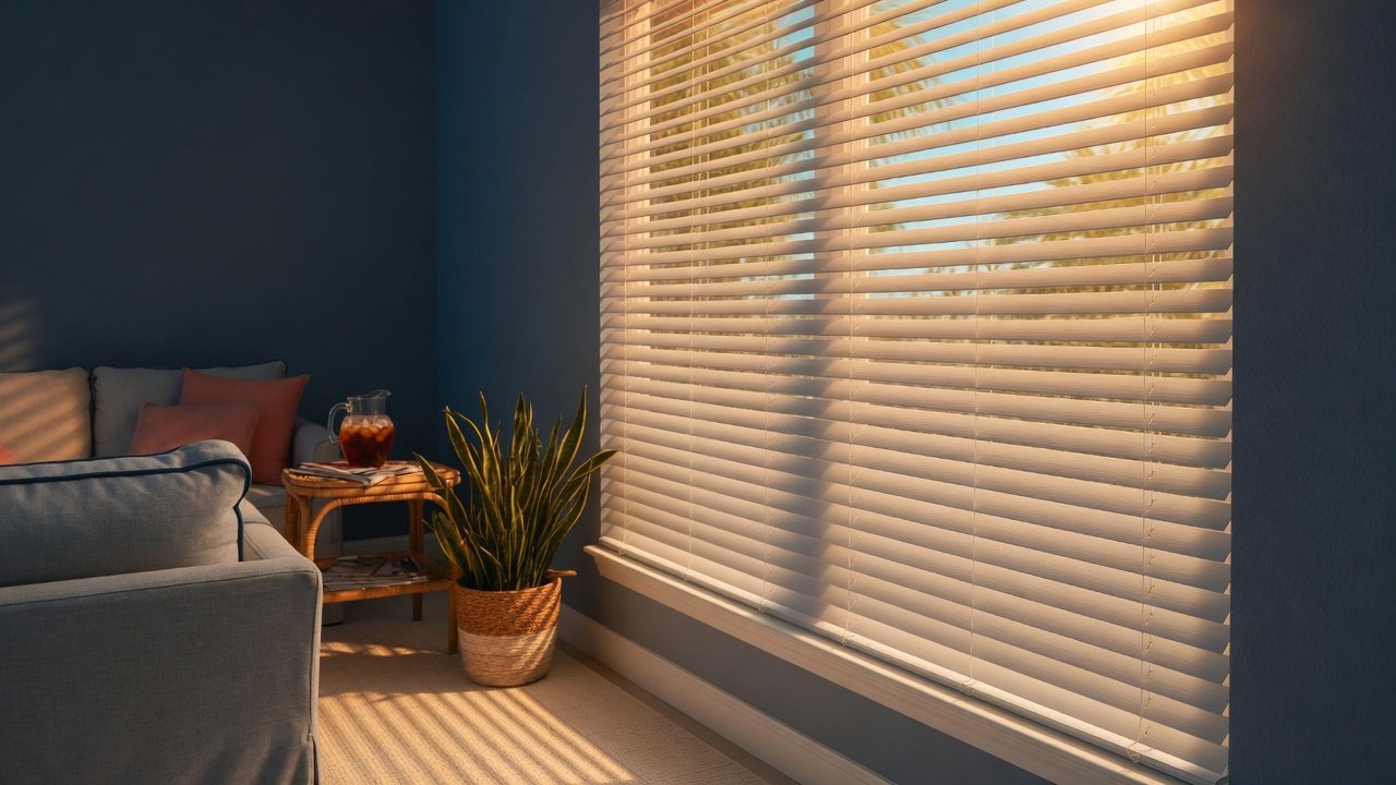 Closed blinds on sunlit Florida windows in the afternoon