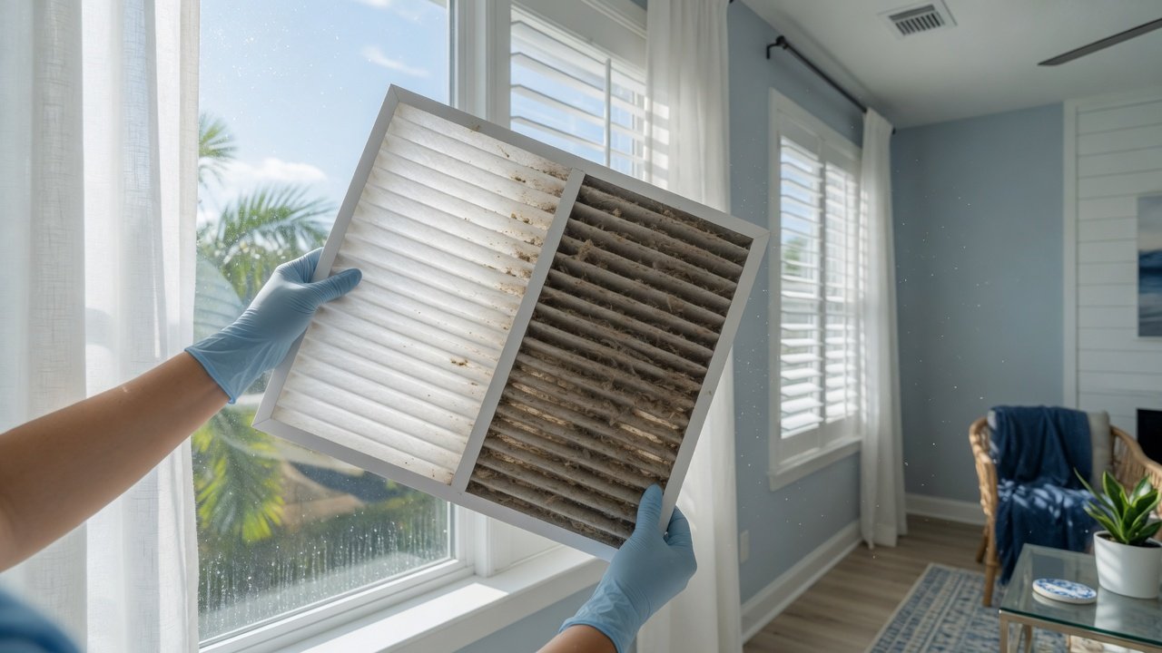 Clean vs dirty residential AC filter held up in a bright Florida living room