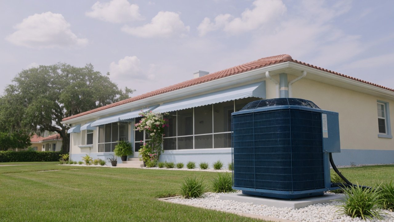 Maintained outdoor AC condenser beside a Tampa Bay style Florida home on a summer day