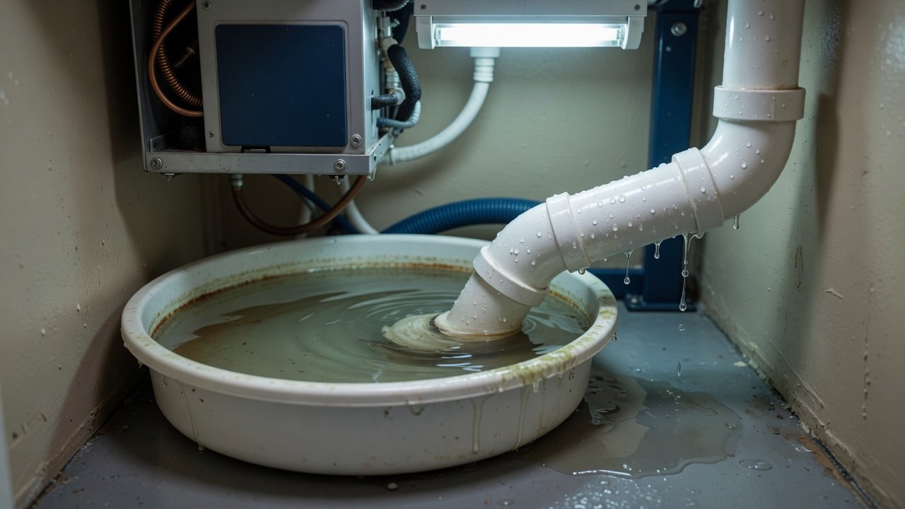 Clogged AC condensate drain overflowing into a dirty pan under the air handler