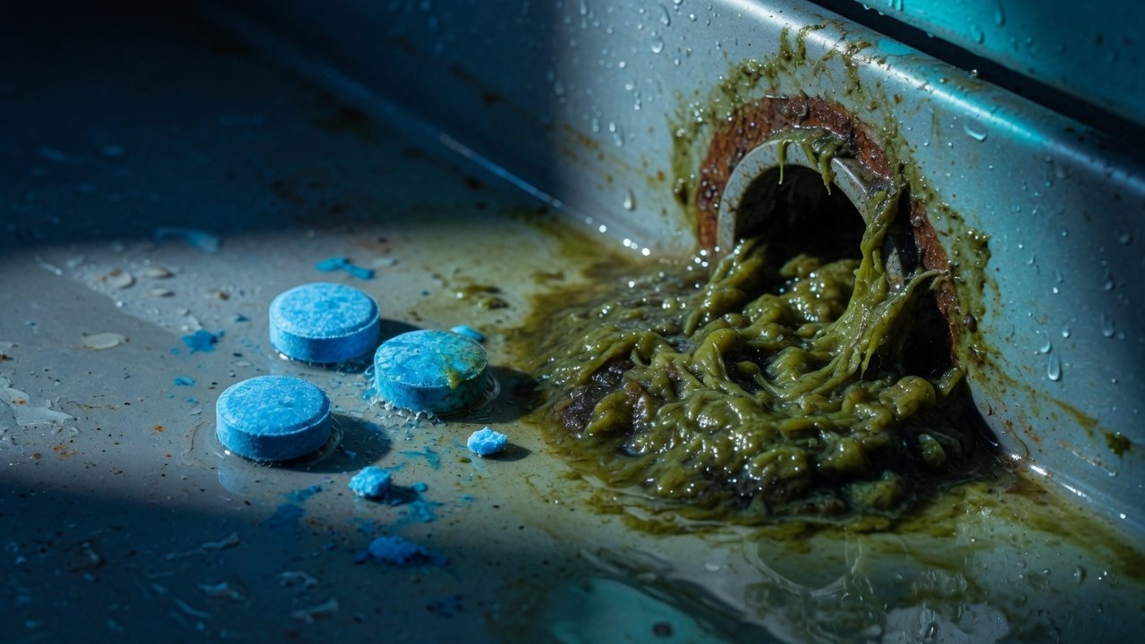 Blue pan tablets next to thick green slime clogging a condensate drain opening