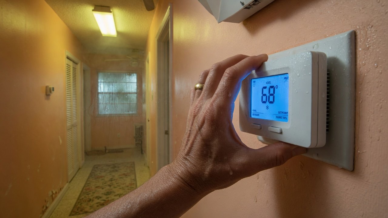 Hand turning a wall thermostat down to 68 in a humid sticky Florida hallway