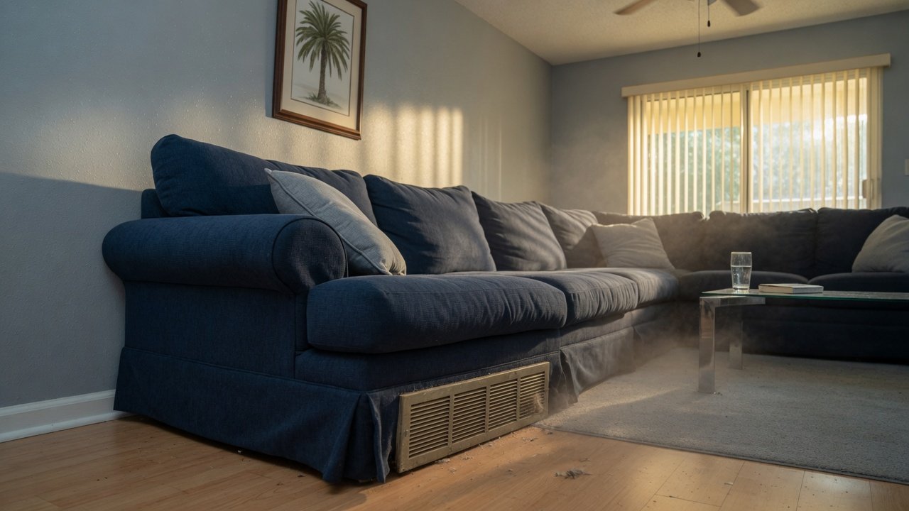 Sofa blocking a floor AC supply vent in a Florida living room, dust in the air